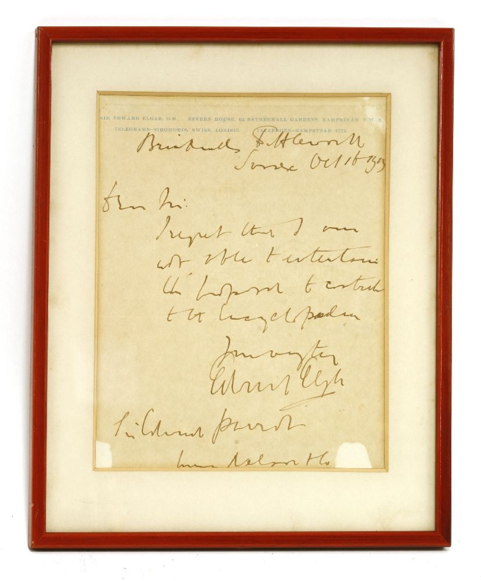 ELGAR, Edward: Signed Autograph Letter. Written on “Severn House, 42, Netherhall Gardens, Hampstead”