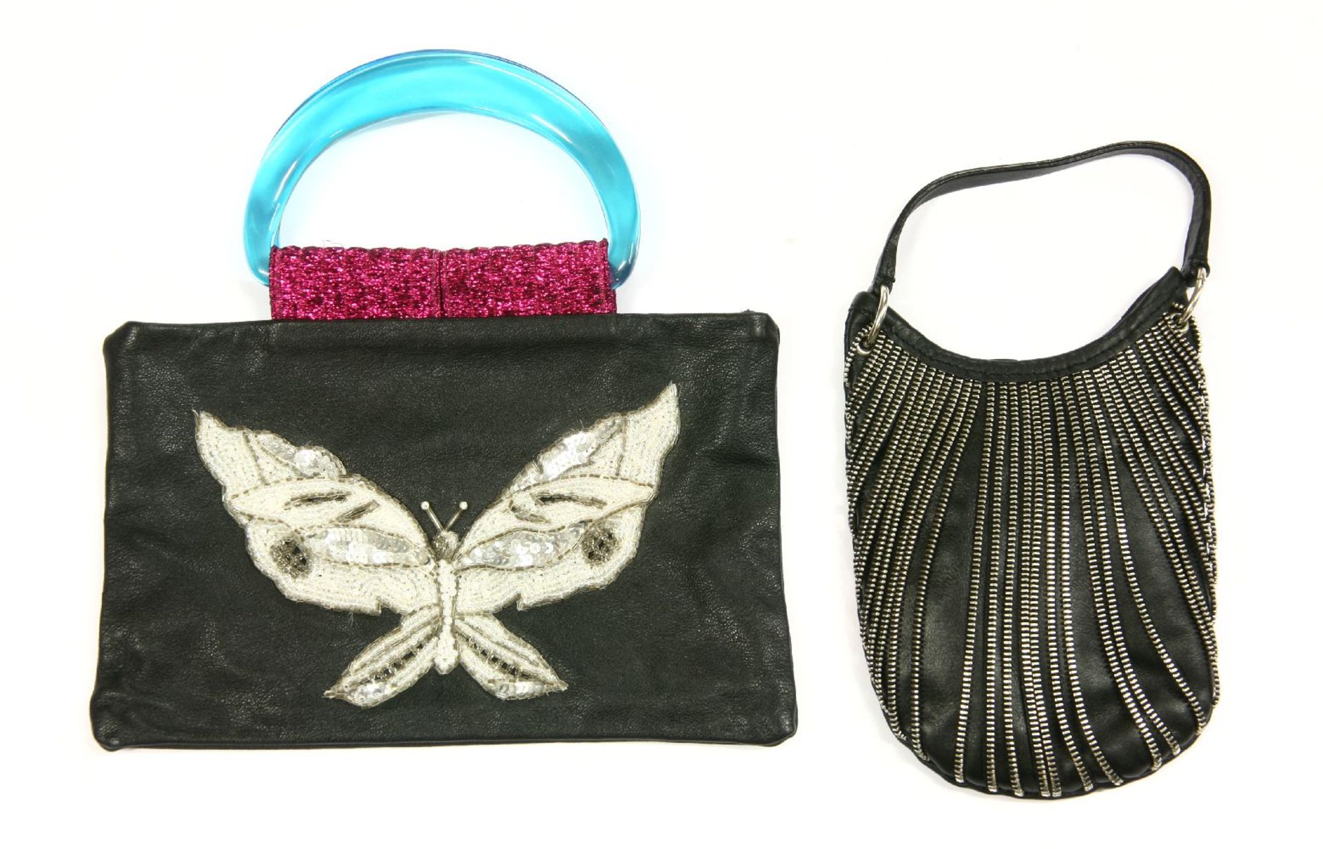 A MAWI black leather clutch handbag, with applied seed, bead and sequin butterfly, with blue Perspex