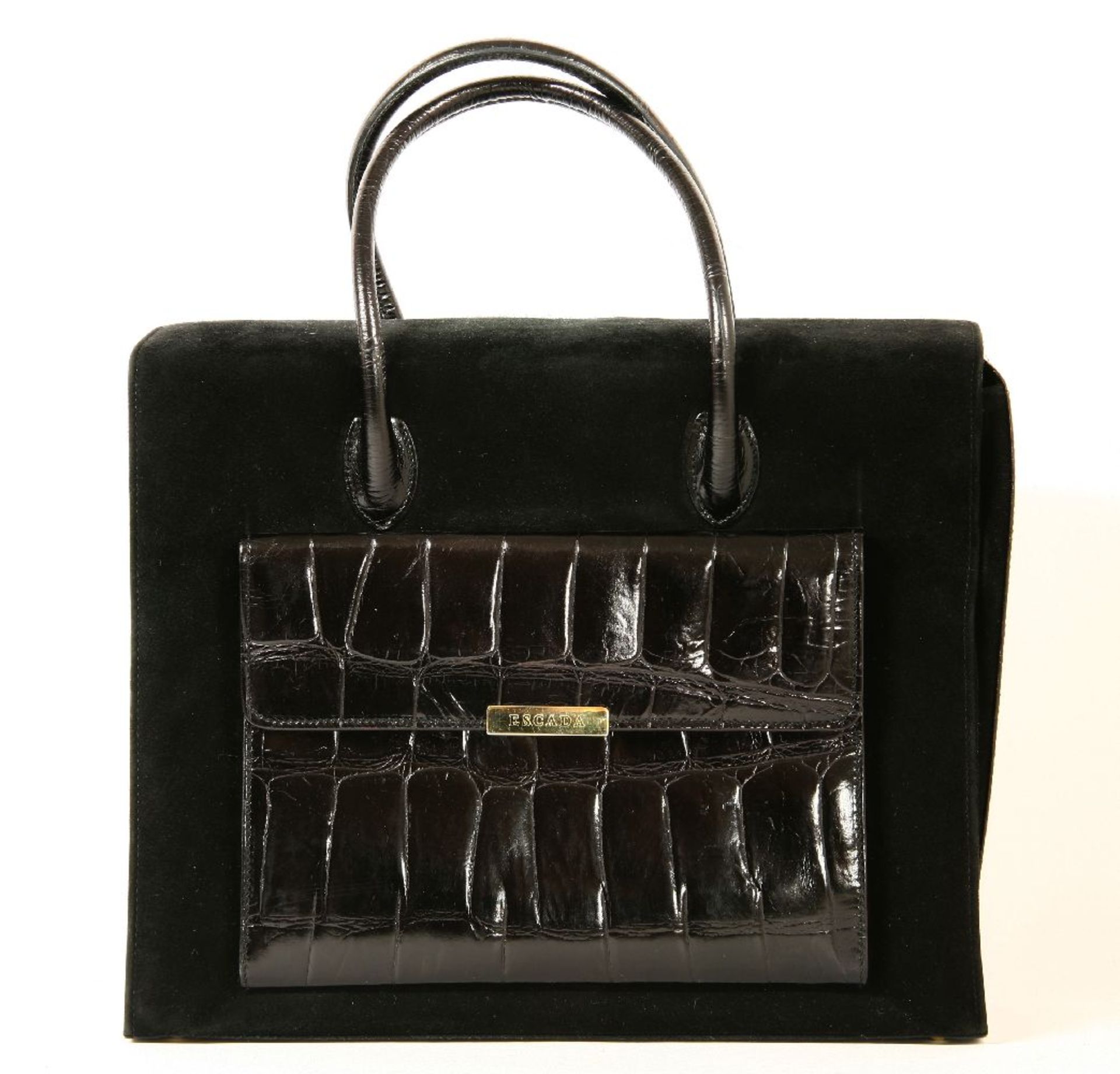 An Escada black suede handbag,of rectangular form, with a crocodile embossed leather pocket with