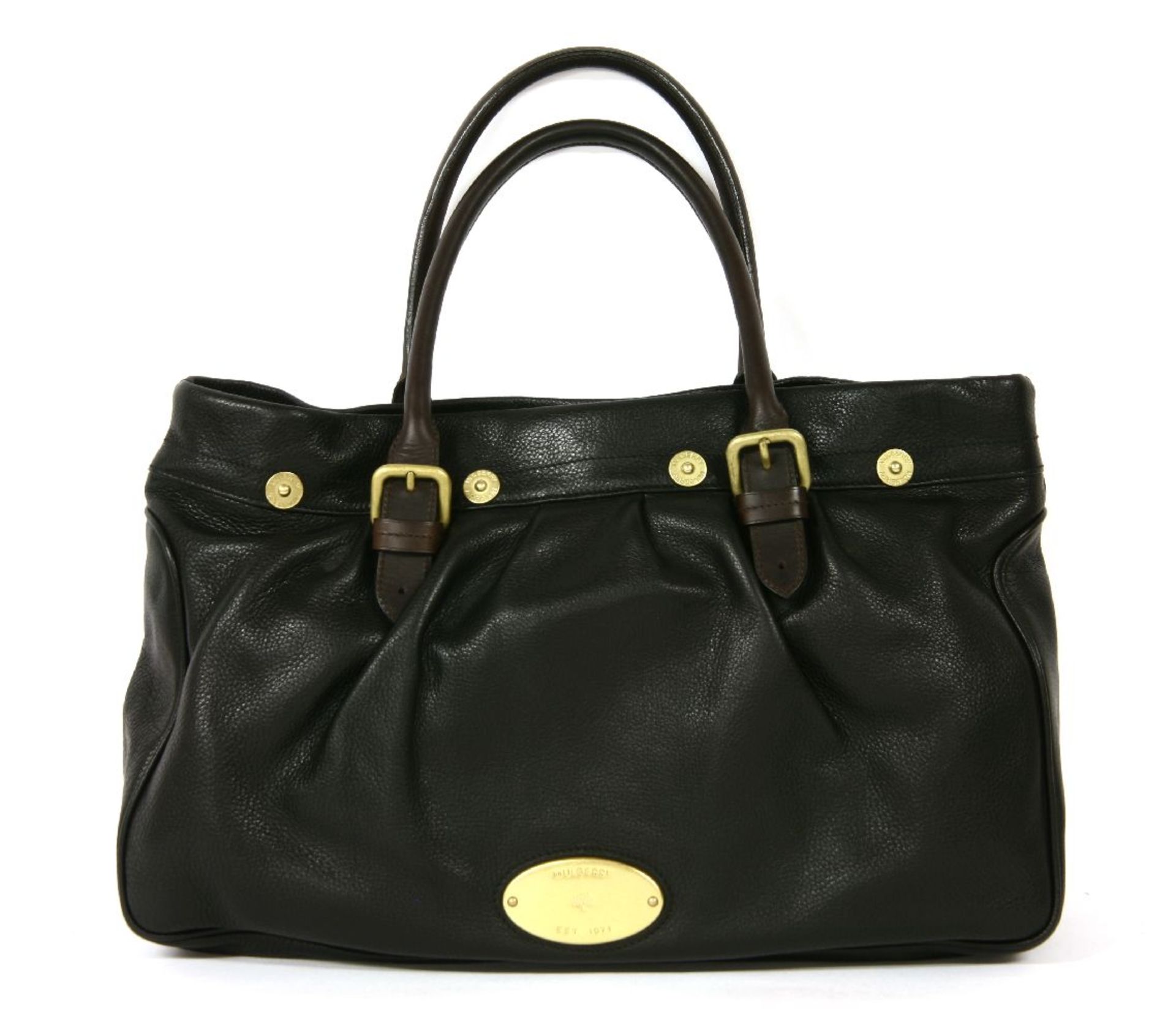A Mulberry 'Mitzy Shopper' black leather handbag,black pebbled leather with dual roll chocolate