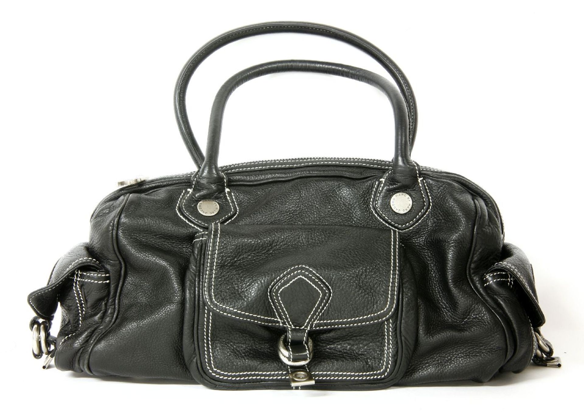 A Marc Jacobs black leather handbag,with white stitching, dual rolled handles, one front exterior