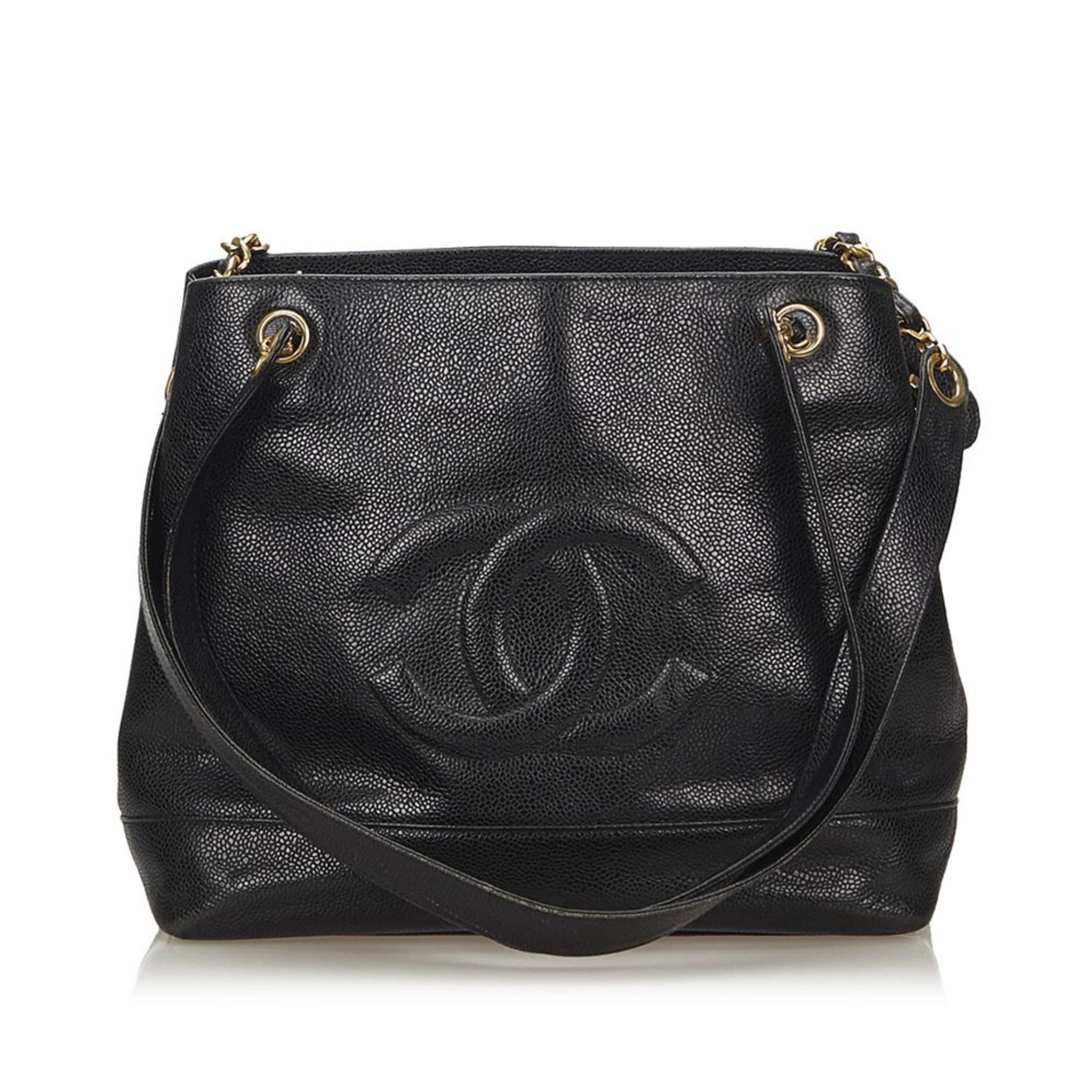 A Chanel 'CC' caviar leather shoulder bag,featuring a caviar leather body, flat leather straps