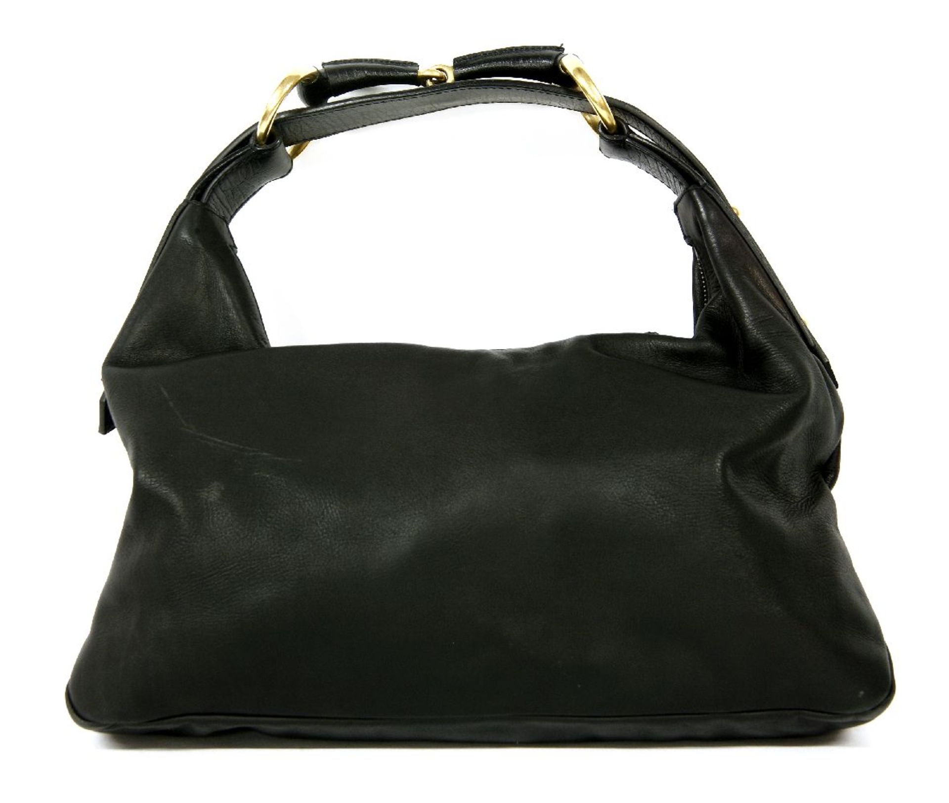 A Gucci black leather horse bit handbag, a soft black leather exterior with gold-tone horse bit to