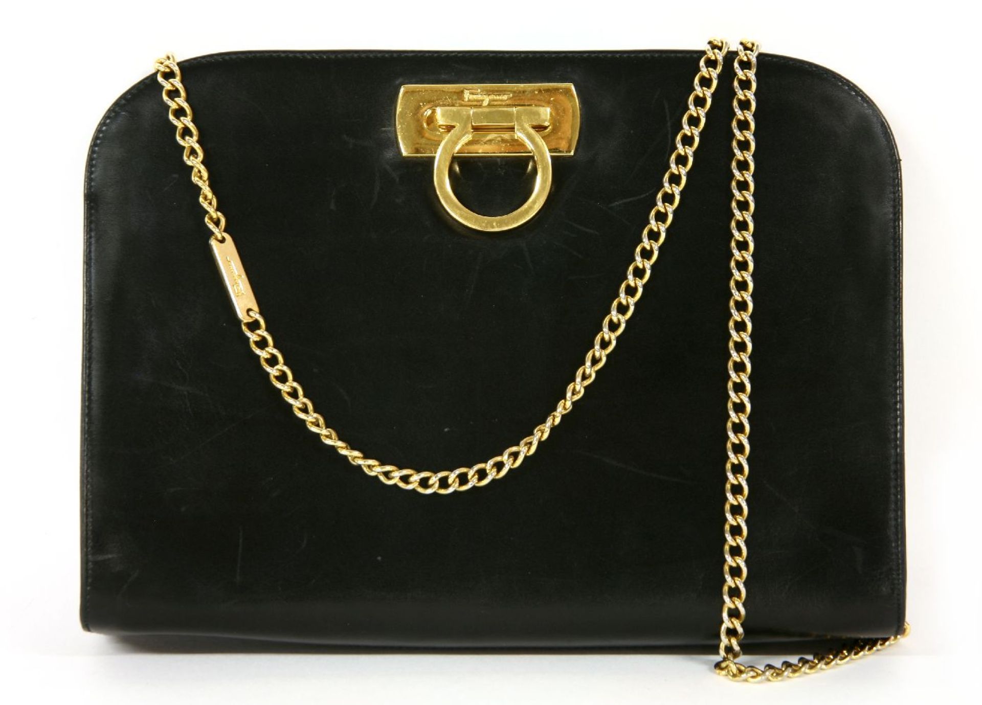 A Salvatore Ferragamo black leather handbag, chain shoulder strap, polished gold-tone hardware,