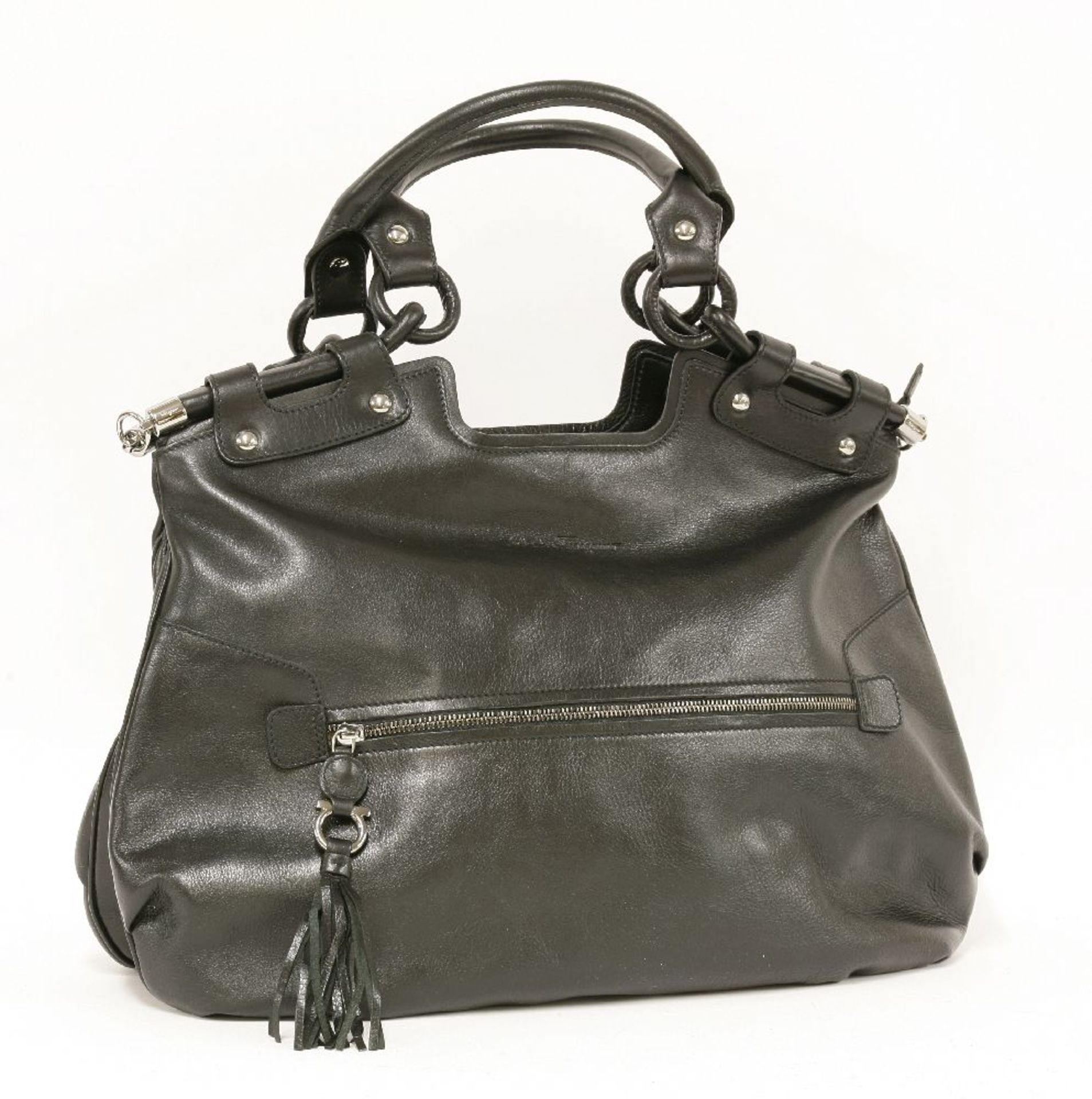 A Salvatore Ferragamo black leather large tote handbag,embossed logo and exterior zip pocket, double