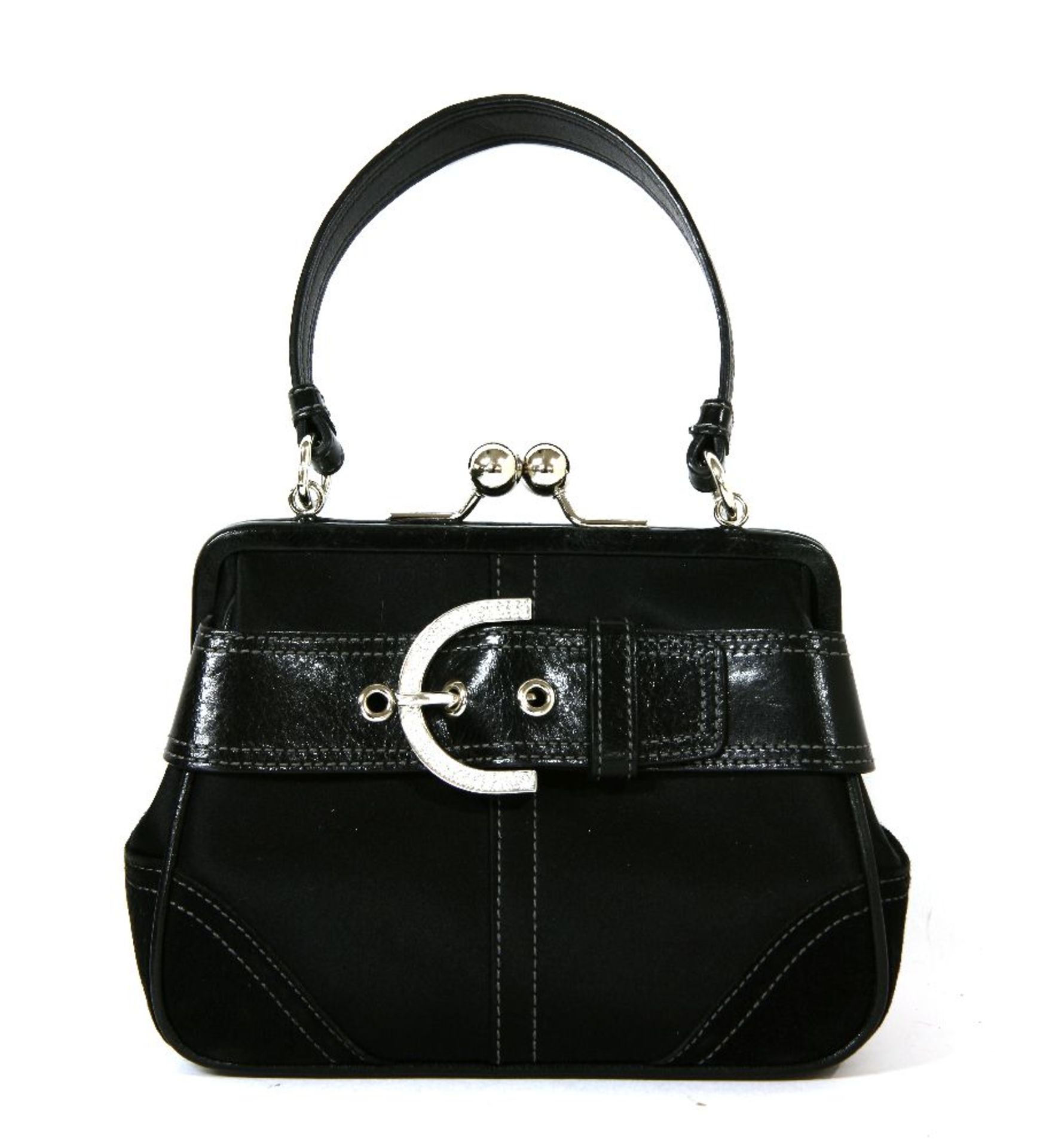 A Coach black satin evening handbag,with contrasting stitching and a belt buckle design around the