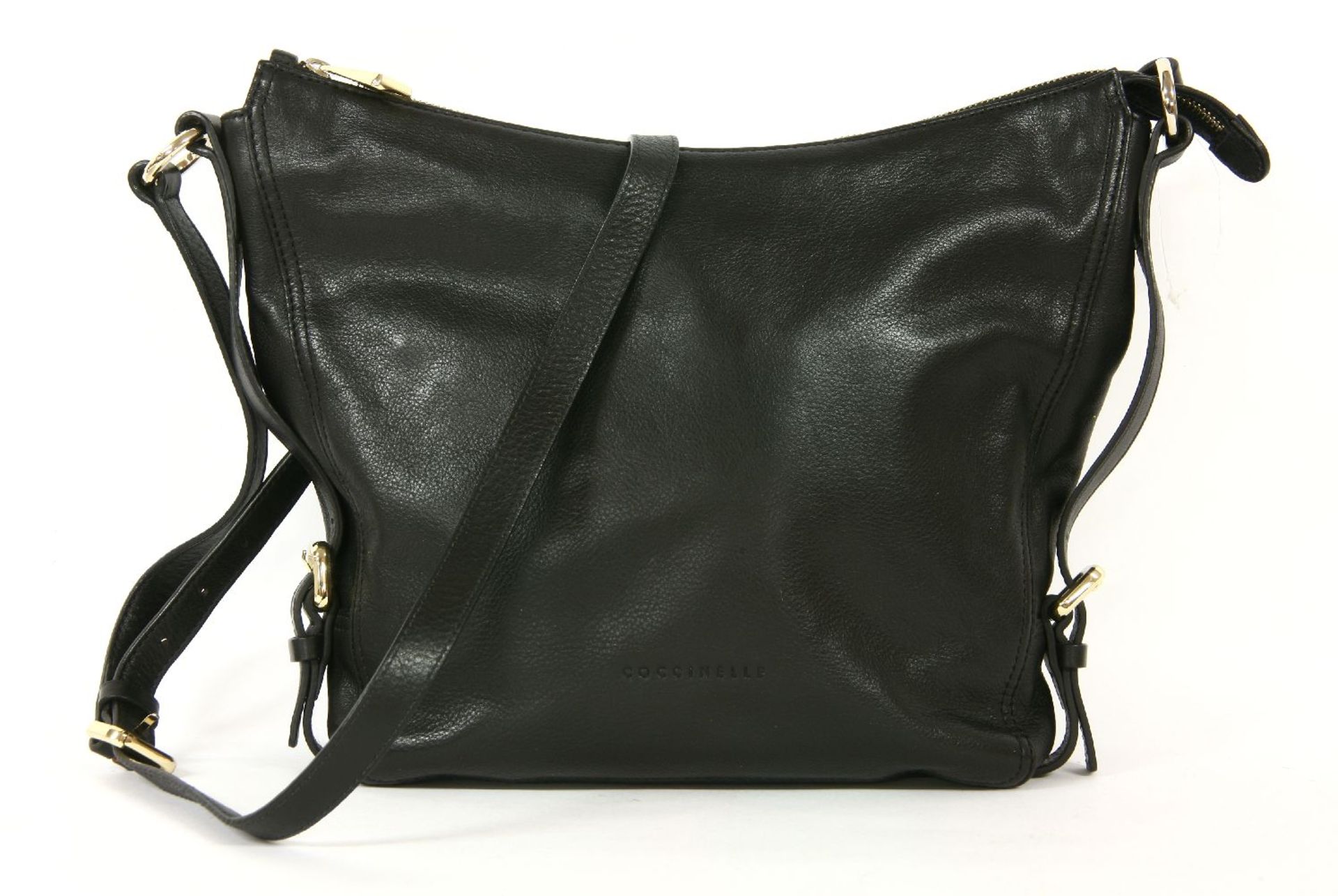 A Coccinelle black leather shoulder bag,with buckle detail to the sides, a flat shoulder strap and