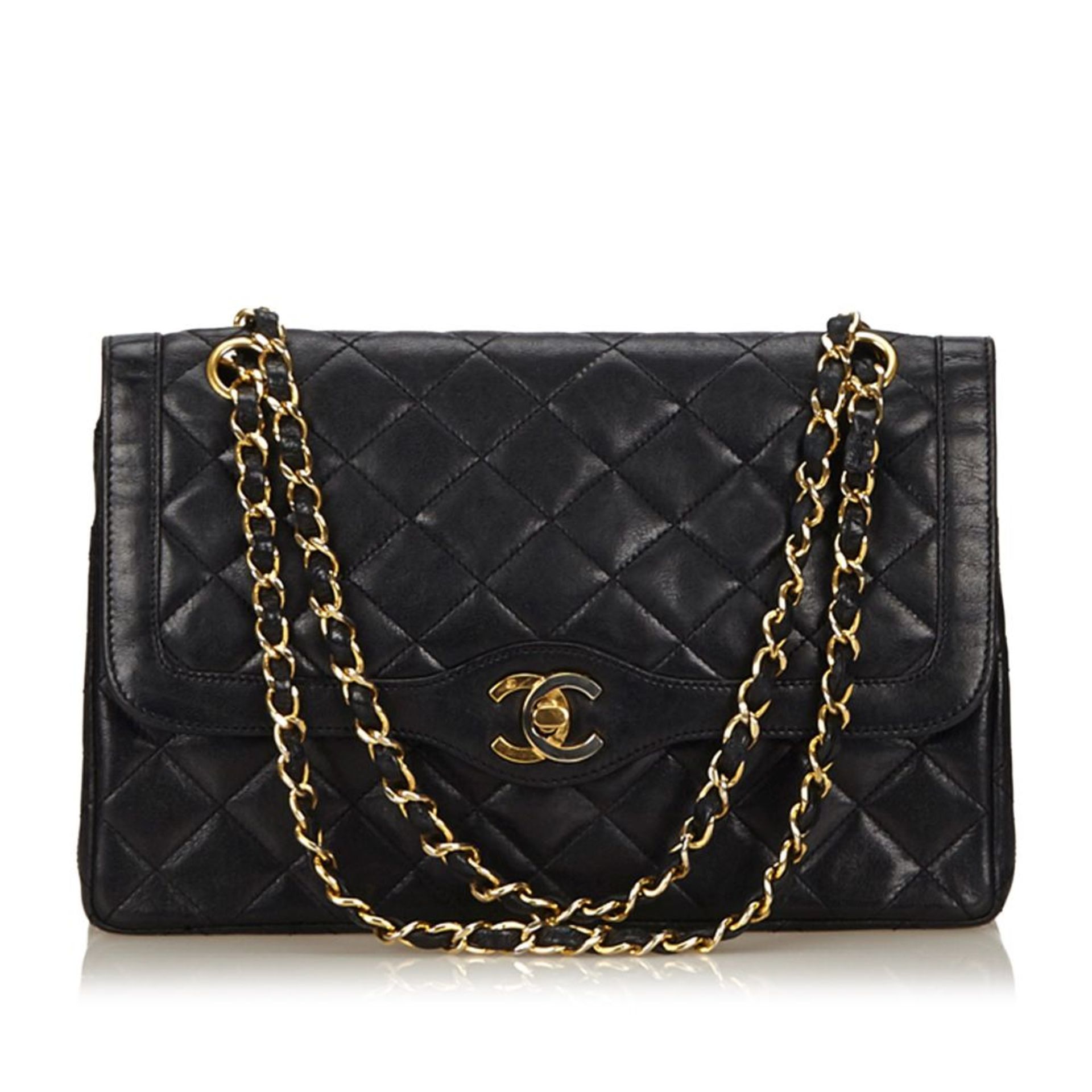 A Chanel matelassé leather flap handbag,featuring a leather body, gold-tone chains, a front flap