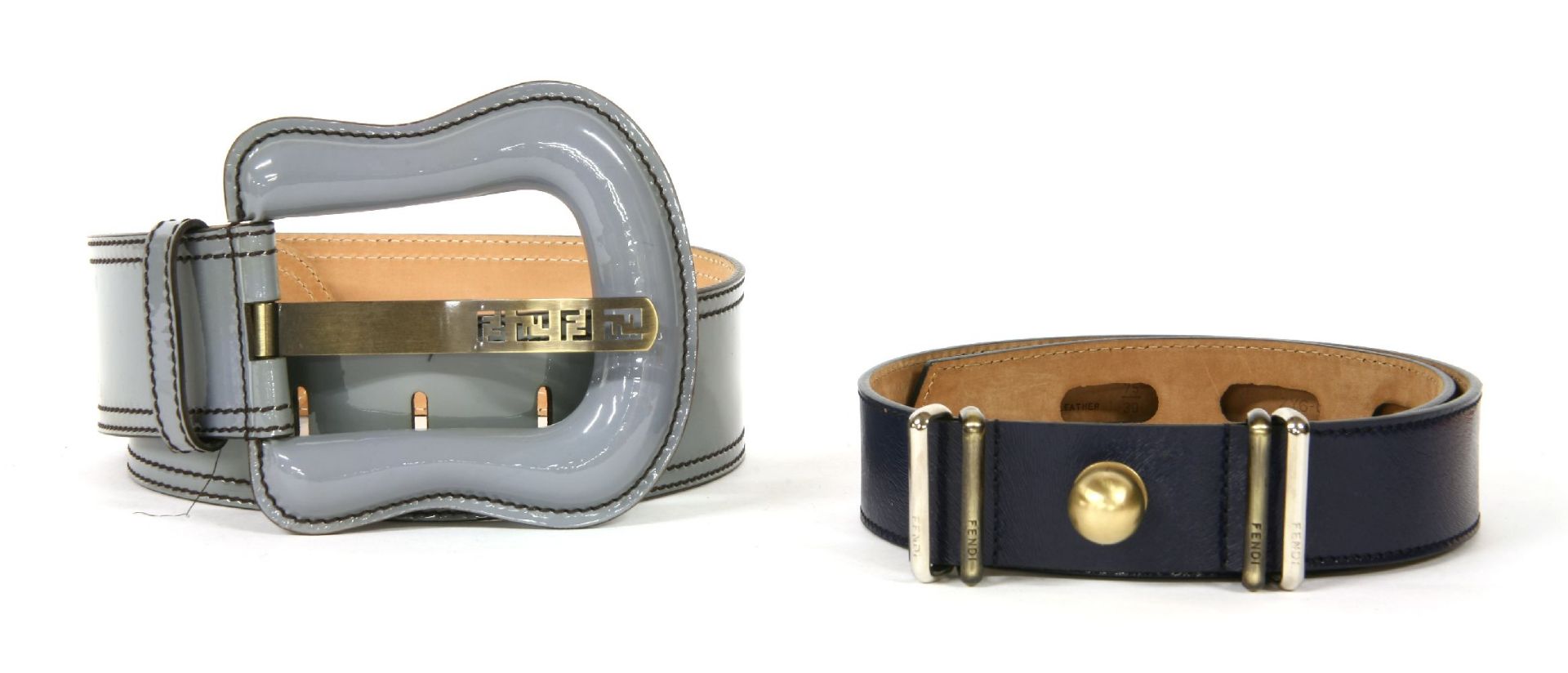 A steel blue patent leather Fendi belt, with black stitching, an oversized leather buckle with a