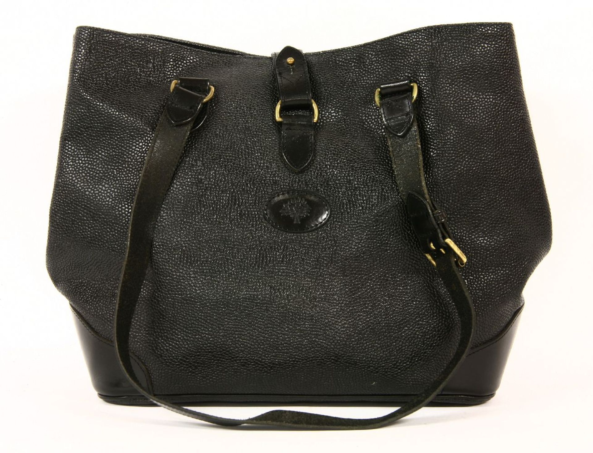 A Mulberry black pebbled leather shopper tote handbag,with smooth leather detailing and flat strap