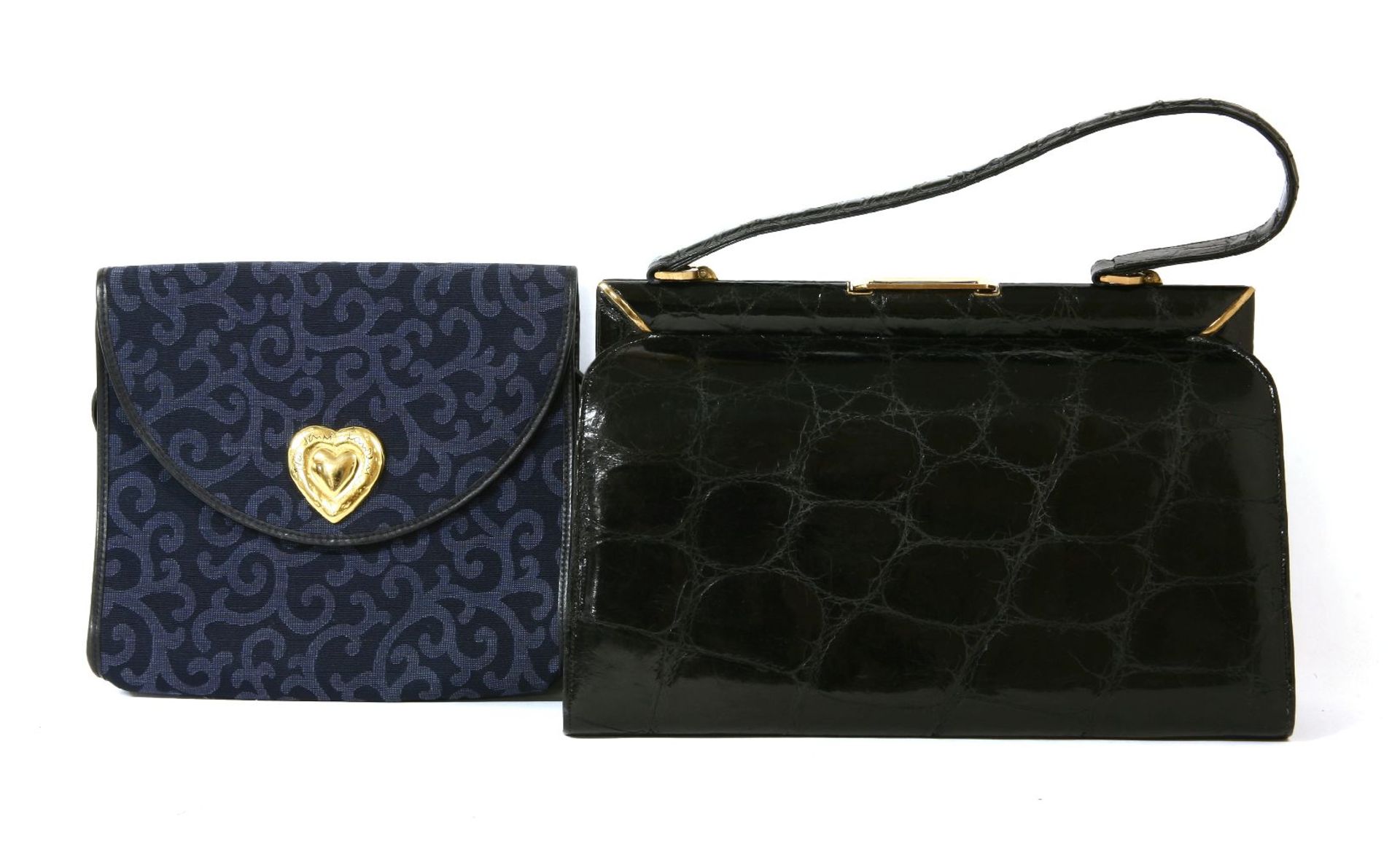 A 1950s black alligator handbag, with gold-tone clasp, andan Yves Saint Laurent blue fabric