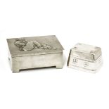 A Secessionist plated box,11.5cm wide,a dressing table box, embossed with a figure to the lid,19.5cm