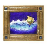 An Arts and Crafts copper-mounted enamel plaque, the panel depicting a Viking boat breaking