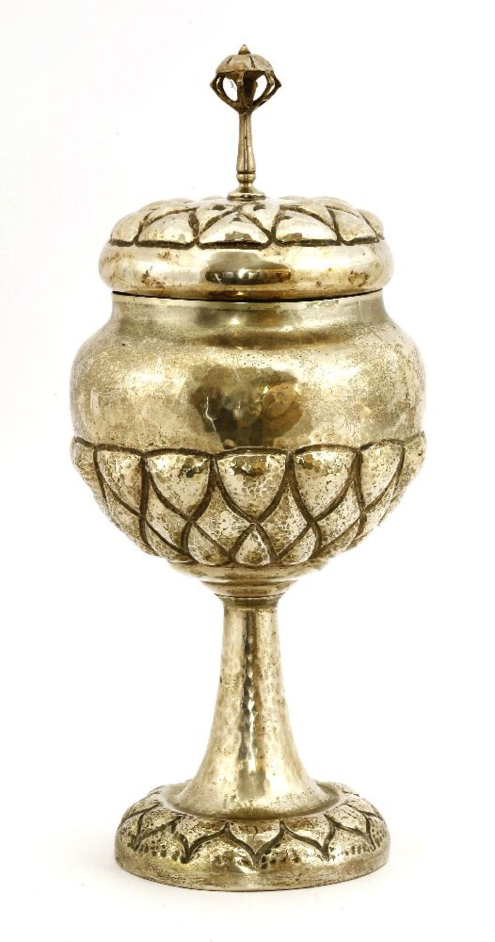 A Continental silver-plated cup and cover,with embossed details, on a tapering column and conforming