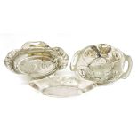 Three Art Nouveau dishes,each with pierced designs, cast and stamped marks,largest 29.5cm (3)