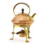 An Arts and Crafts copper and brass kettle on stand, in the manner of W A S Benson,30cm high