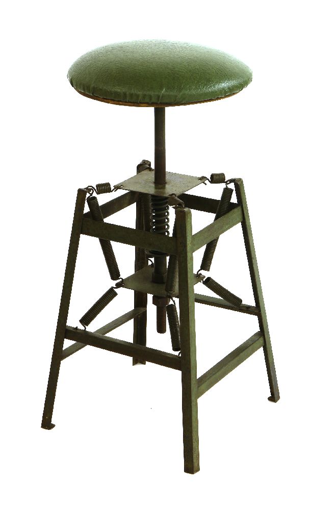 A draughtsman's stool, designed by Charles E Miller for American Cabinet Co., painted green with