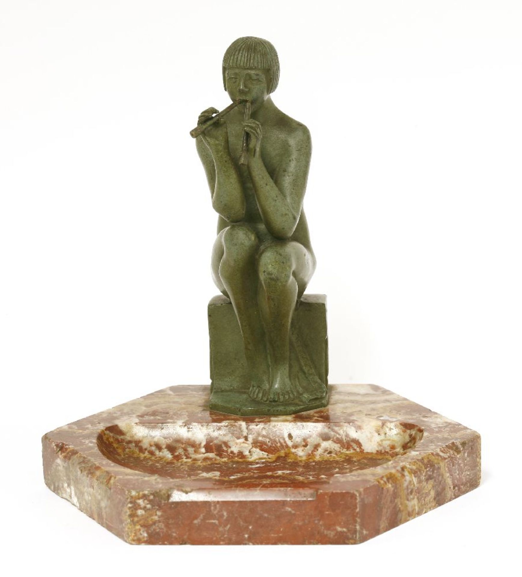 A patinated bronze nude figure playing pan pipes,after Alex Kelety, seated on a plinth, mounted on a