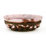 A mottled pink glass bowl,Verriere d'Art Lorraine, with a wrought iron mount after a Majorelle