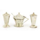 An Art Deco silver three-piece condiment set,maker's marks for Angora Silver Plate Company,