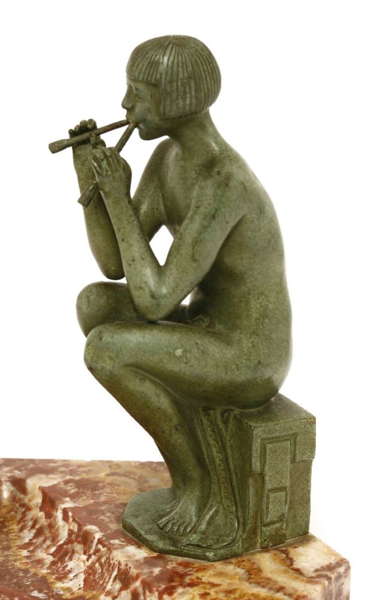 A patinated bronze nude figure playing pan pipes,after Alex Kelety, seated on a plinth, mounted on a - Bild 2 aus 2