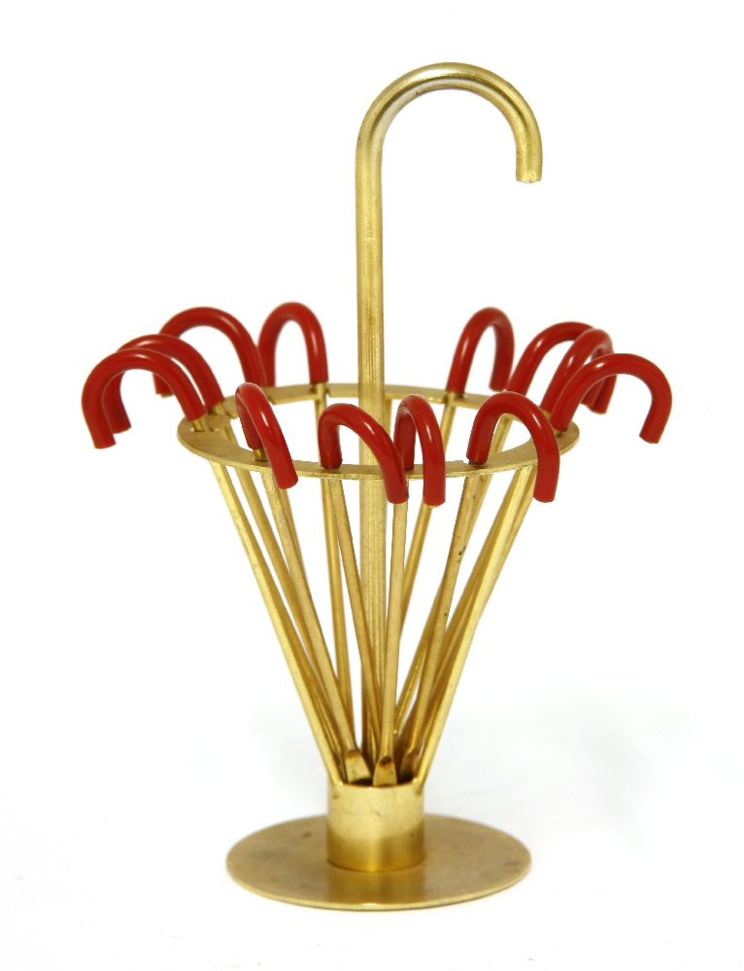 An Art Deco set of twelve cocktail sticks,modelled as umbrellas in a stand, 13cm high, andtwo