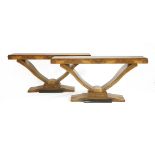 A pair of Art Deco walnut console tables,169cm wide39cm deep81cm high (2)