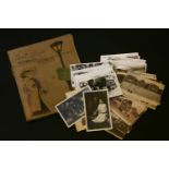 A box of postcards, including printed and real photographic examples, comprising hunting, locomotive