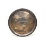 A circular silver plated tray commemorating the England v Australia season 1958-1959, with facsimile