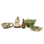 Three Chinese carved stone dishes, together with a white metal mounted cafe au lait miniature