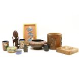 A collection of miscellaneous items, to include a carved wooden figure of Shou Lao, a bamboo brush