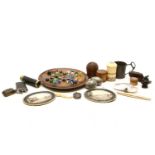 An assortment of collectables, to include a solitaire board and marbles, a miniature telescope, a