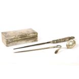 A Victorian silver skewer, marks for London 1855, Chawner & Co, a silver cigarette box, a button