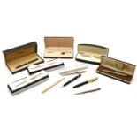 Ten various pens: three new 'Cross' propelling pencils and two biros, a Dupont biro, Caran D'Ache