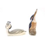 Two Copenhagen birds, a Grebe and Kingfisher, 18.5cm high and 16cm long