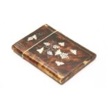 A 19th century tortoiseshell card case, with inlaid mother of pearl decoration, lid inscribed '