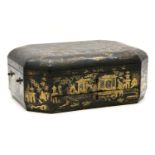 A late 19th century Chinese export lacquer sewing box, with gilt chinoiserie decoration, retains