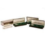 A silver cigarette box, together with a silver topped pin box and three cased silver 'John Pinches