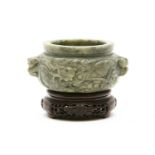 A Chinese hardstone censer, 18th century, wood stand