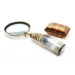 A chromium plated magnifying glass, carved with horn handle, 33cm long, together with a small