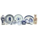 Chinese blue and white porcelain, two bowls, a dish, a chicken skin export vase, a ginger jar,