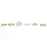 Six assorted white stone rings, to include four 9ct gold cubic zirconia rings, including a cluster