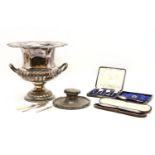 A collection of silver items, to include a Capstan inkwell, a Sampson Mordan propelling pencil,