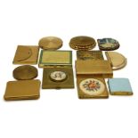 A collection of gilt and yellow metal vintage compacts to include enamelled examples, Kigu, Vogue,