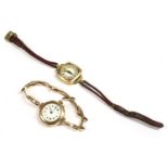 A ladies 9ct gold mechanical watch, with integral 15ct gold expanding bracelet, white enamel dial