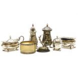 A collection of silver items, to include cruet sets, a menu holder and a horn napkin ring (Qty.)