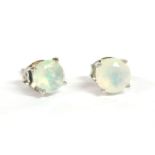 A pair of white gold single stone opal stud earrings, a circular faceted cut opal, claw set to a