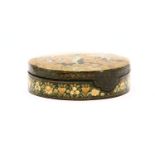 A Russian black lacquer circular lidded box, with hunting scene decoration, signed V to the