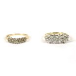 A 9ct gold three row diamond cluster ring, and a 9ct gold cubic zirconia cluster ring, claw set to a