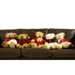 Six Harrods Christmas teddy bears, including 2002, 2003, 2005, 2006, 2008, and a smaller version